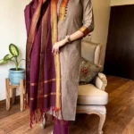 Americanchoice Beige Color South Cotton Golden Zari Thread Kurti With Pant & South Cotton Dupatta - Image 5