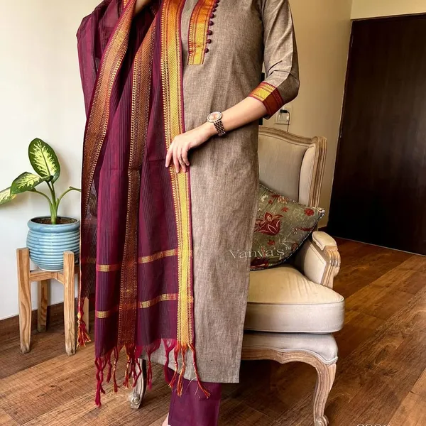 Americanchoice Beige Color South Cotton Golden Zari Thread Kurti With Pant & South Cotton Dupatta - Image 5