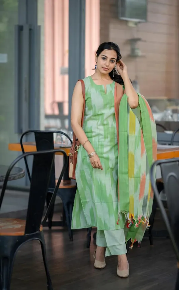 Americanchoice Green South Cotton Kurta With Pant & Dupatta Set  - { Sleeves Attached Inside } - Image 4