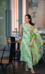 Americanchoice Green South Cotton Kurta With Pant & Dupatta Set  - { Sleeves Attached Inside } - Image 6