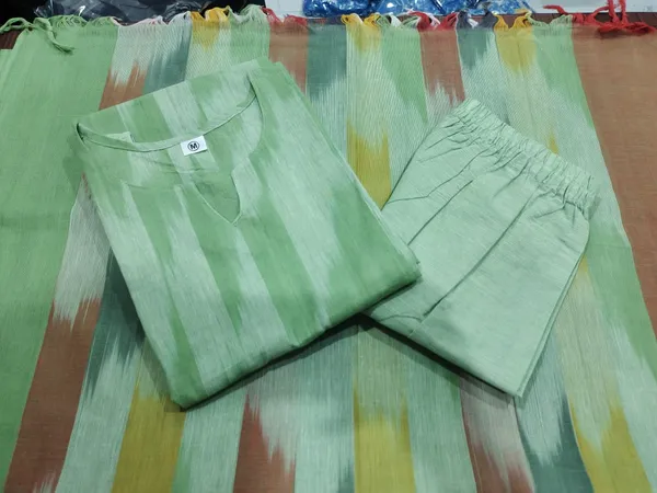 Americanchoice Green South Cotton Kurta With Pant & Dupatta Set  - { Sleeves Attached Inside } - Image 3