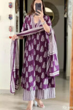 Americanchoice Purple Cotton Block Print Kurta With Pant & Dupatta Set