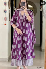 Americanchoice Purple Cotton Block Print Kurta With Pant & Dupatta Set - Image 4
