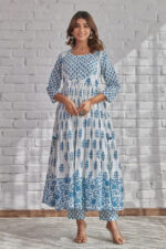 Americanchoice Blue Cotton Anarkali Kurta With Pant & Dupatta Set
