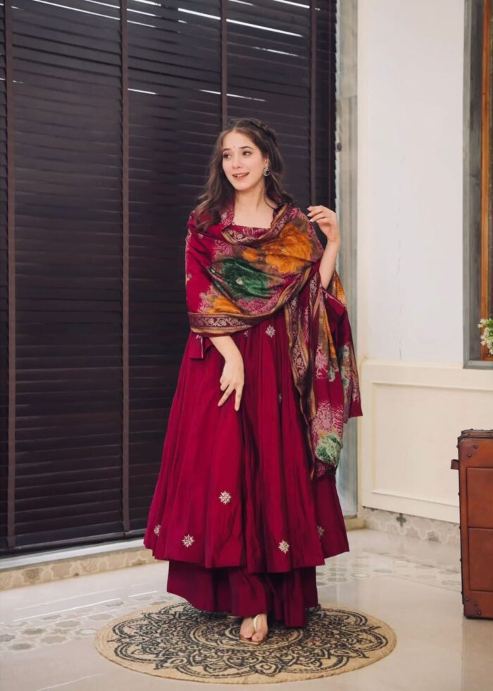 Americanchoice Fully Stitched Designer Pure Chinnon Dress Dupatta Set - Image 4