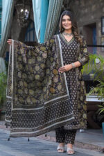 Americanchoice Cotton Black Embroidered Kurta With Pant & Dupatta Set - Image 3