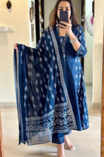Americanchoice Blue Premium Cotton Kurta With Pant & Dupatta Set