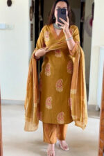 Americanchoice Cotton Brown Kurta With Pant & Dupatta Set