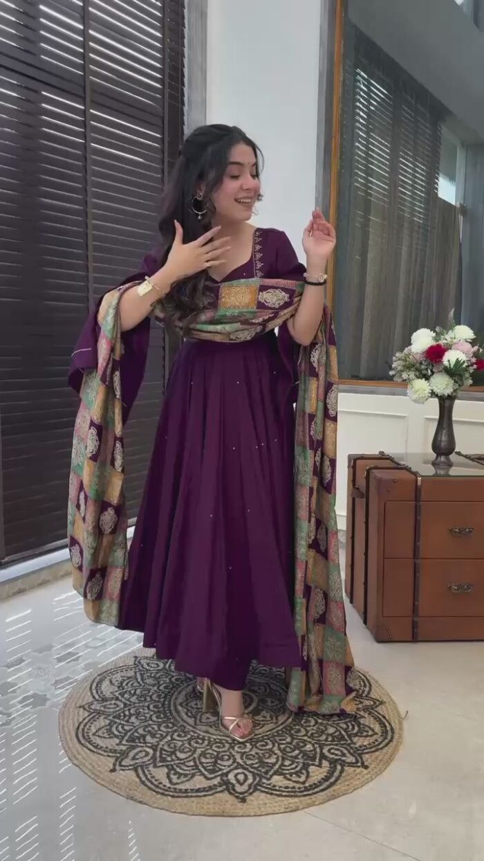 Americanchoice Fully Stitched Designer Pure Chinnon With Embroidery Sequence Work Gown & Dupatta Set - Image 4