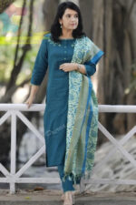 Americanchoice Turquoise Blue Khadi Cotton Embroidered Kurta and Pant Set with Khadi Silk Dupatta
