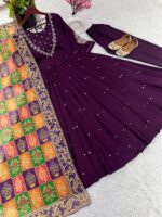 Americanchoice Fully Stitched Designer Pure Chinnon With Embroidery Sequence Work Gown & Dupatta Set - Image 3