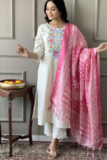 Americanchoice Khadi Cotton Embroidered Kurta With Pant & Khadi Silk Dupatta Set