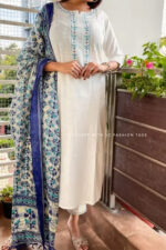 Americanchoice White Khadi Cotton Kurta With Pant & Khadi Silk Dupatta Set - Image 4