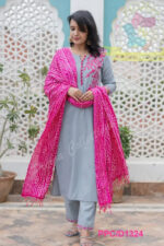 Americanchoice Grey Cotton Embroidered Kurta and Pant Set with Bandhani Print Dupatta - Image 3