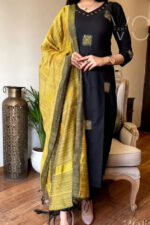 Americanchoice Black  Embroidered Cotton  Kurta And Pant Set With Silk Thread Work Dupatta