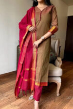 Americanchoice Brown Color Handloom South Cotton Kurta and Pant Set with Dupatta