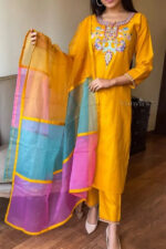 Americanchoice Embroidered Rayon Kurta With Pant & Three Shade Color Organza Dupatta Set