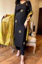 Americanchoice Black  Embroidered Cotton  Kurta And Pant Set With Silk Thread Work Dupatta - Image 2