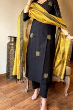 Americanchoice Black  Embroidered Cotton  Kurta And Pant Set With Silk Thread Work Dupatta - Image 4