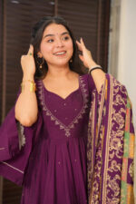 Americanchoice Fully Stitched Designer Pure Chinnon With Embroidery Sequence Work Gown & Dupatta Set - Image 2