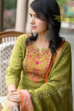 Americanchoice Green Handloom Cotton Embroidered Kurta & Pant Set With Linen Dupatta - Image 4