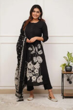 Americanchoice Black Printed Cotton Kurta & Pant Set With Malmal Dupatta - Image 3