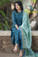Americanchoice Turquoise Blue Khadi Cotton Embroidered Kurta and Pant Set with Khadi Silk Dupatta - Image 2