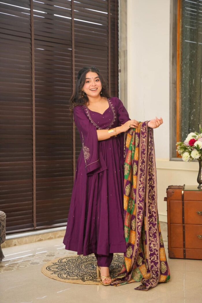 Americanchoice Fully Stitched Designer Pure Chinnon With Embroidery Sequence Work Gown & Dupatta Set - Image 6