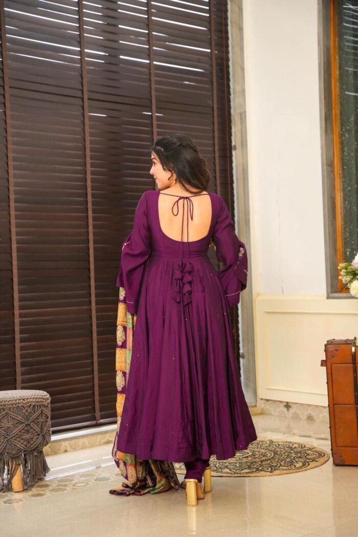 Americanchoice Fully Stitched Designer Pure Chinnon With Embroidery Sequence Work Gown & Dupatta Set - Image 7