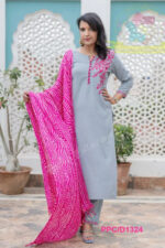 Americanchoice Grey Cotton Embroidered Kurta and Pant Set with Bandhani Print Dupatta