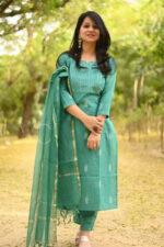 Americanchoice Rama Green Handloom South Cotton Kurta and Pant Set with Kota Doria Dupatta