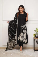 Americanchoice Black Printed Cotton Kurta & Pant Set With Malmal Dupatta