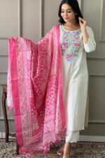 Americanchoice Khadi Cotton Embroidered Kurta With Pant & Khadi Silk Dupatta Set - Image 2