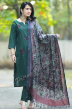 Americanchoice Bottle Green Khadi Cotton Kurta With Pant & Khadi Silk Kantha Print Dupatta - Image 2