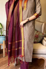 Americanchoice Beige Color South Cotton Golden Zari Thread Kurti With Pant & South Cotton Dupatta - Image 2