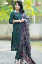 Americanchoice Bottle Green Khadi Cotton Kurta With Pant & Khadi Silk Kantha Print Dupatta