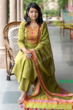 Americanchoice Green Handloom Cotton Embroidered Kurta & Pant Set With Linen Dupatta - Image 5