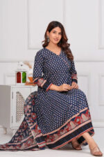 Americanchoice Multicolor Cotton Hand Block Print Kurta With Pant & Dupatta Set - Image 2