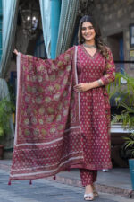 Americanchoice Cotton Embroidered Kurta With Pant & Dupatta Set