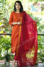 Americanchoice Orange Handloom South Cotton Kurta and Pant Set with South Cotton Dupatta - Image 3