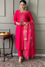 Americanchoice Pink Premium Rayon Kurta Set And Jacquard Chanderi Digital Print Dupatta Set - Image 2