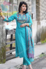 Americanchoice Cyan Classy Aari Embroidery Work Cotton Kurta And Pant Set With Khadi Silk Dupatta - Image 2