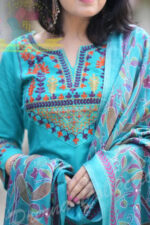 Americanchoice Cyan Classy Aari Embroidery Work Cotton Kurta And Pant Set With Khadi Silk Dupatta - Image 3