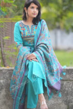 Americanchoice Cyan Classy Aari Embroidery Work Cotton Kurta And Pant Set With Khadi Silk Dupatta