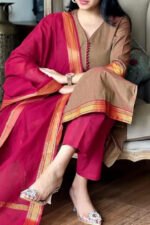 Americanchoice Brown Color Handloom South Cotton Kurta and Pant Set with Dupatta - Image 2