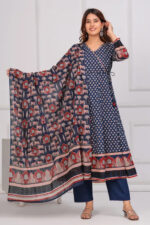 Americanchoice Multicolor Cotton Hand Block Print Kurta With Pant & Dupatta Set