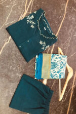Americanchoice Turquoise Blue Khadi Cotton Embroidered Kurta and Pant Set with Khadi Silk Dupatta - Image 4
