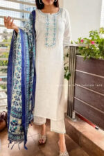Americanchoice White Khadi Cotton Kurta With Pant & Khadi Silk Dupatta Set - Image 2