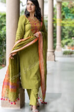 Americanchoice Green Handloom Cotton Embroidered Kurta & Pant Set With Linen Dupatta