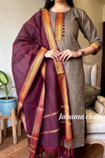 Americanchoice Beige Color South Cotton Golden Zari Thread Kurti With Pant & South Cotton Dupatta - Image 3